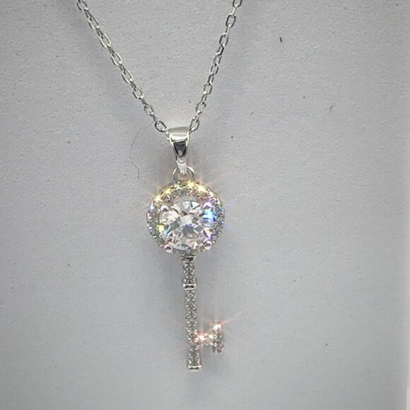 Moissanite Jewelry - Elegant 6mm Moissanite Key Pendant Necklace Sterling Silver CZ Charm for Women